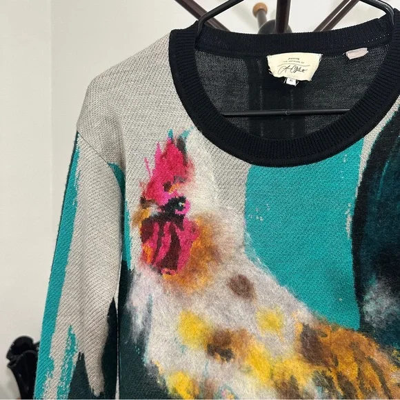 Anthropologie Womens XS Sweater Rooster Artwork Lauren C Walcott Wool Blend - Picture 3 of 16
